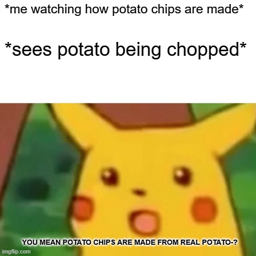 Surprised Pikachu | *me watching how potato chips are made*; *sees potato being chopped*; YOU MEAN POTATO CHIPS ARE MADE FROM REAL POTATO-? | image tagged in memes,surprised pikachu | made w/ Imgflip meme maker