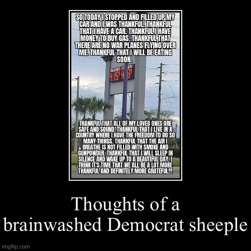 Sheeple really look at Biden’s gas prices and feel THANKFUL. HAHAAHAHAHAHAHA | image tagged in thoughts,of,a,brainwashed,democrat,sheeple | made w/ Imgflip demotivational maker