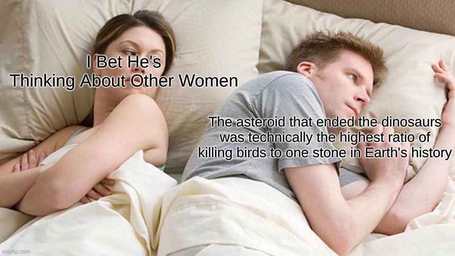 Upvote or im coning to your house and licking your toes with ketchup | I Bet He's Thinking About Other Women; The asteroid that ended the dinosaurs was technically the highest ratio of killing birds to one stone in Earth's history | image tagged in memes,i bet he's thinking about other women | made w/ Imgflip meme maker