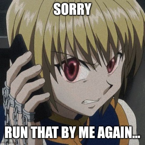 Idk | SORRY; RUN THAT BY ME AGAIN... | image tagged in kurapika phone | made w/ Imgflip meme maker