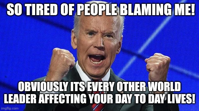 Joe Biden fists angry | SO TIRED OF PEOPLE BLAMING ME! OBVIOUSLY ITS EVERY OTHER WORLD LEADER AFFECTING YOUR DAY TO DAY LIVES! | image tagged in joe biden fists angry | made w/ Imgflip meme maker