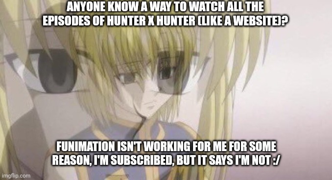 kurapika | ANYONE KNOW A WAY TO WATCH ALL THE EPISODES OF HUNTER X HUNTER (LIKE A WEBSITE)? FUNIMATION ISN'T WORKING FOR ME FOR SOME REASON, I'M SUBSCRIBED, BUT IT SAYS I'M NOT :/ | image tagged in kurapika | made w/ Imgflip meme maker