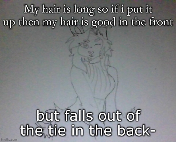 Hot Coco | My hair is long so if i put it up then my hair is good in the front; but falls out of the tie in the back- | image tagged in hot coco | made w/ Imgflip meme maker