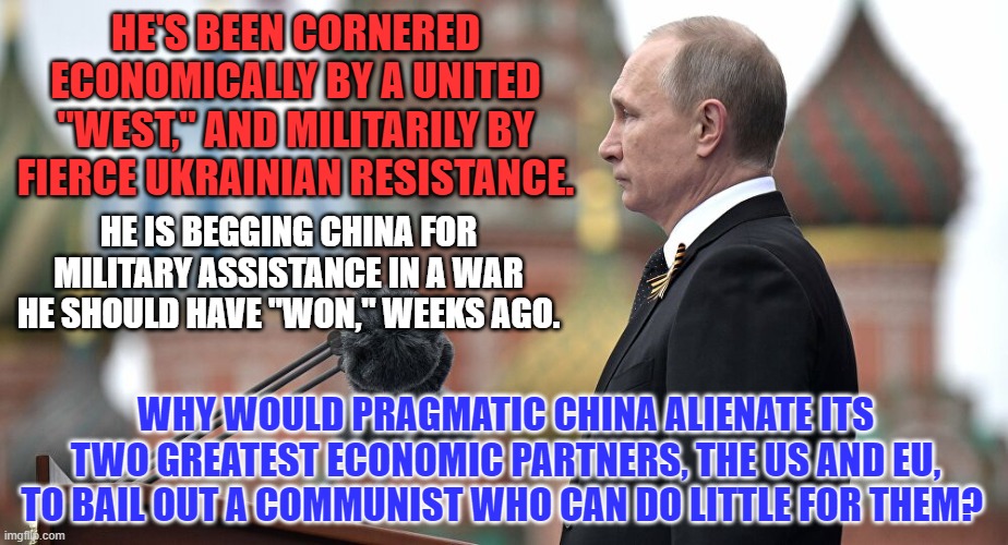 Russia's "Paper Tiger," can do little to nothing for a robust China. | HE'S BEEN CORNERED ECONOMICALLY BY A UNITED "WEST," AND MILITARILY BY FIERCE UKRAINIAN RESISTANCE. HE IS BEGGING CHINA FOR MILITARY ASSISTANCE IN A WAR HE SHOULD HAVE "WON," WEEKS AGO. WHY WOULD PRAGMATIC CHINA ALIENATE ITS TWO GREATEST ECONOMIC PARTNERS, THE US AND EU, TO BAIL OUT A COMMUNIST WHO CAN DO LITTLE FOR THEM? | image tagged in politics | made w/ Imgflip meme maker