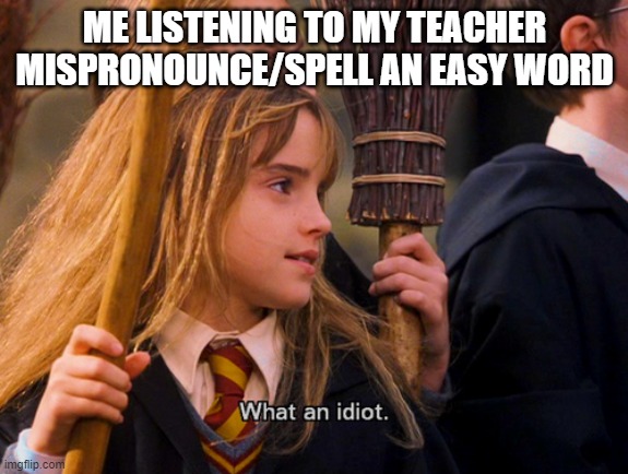What an idiot | ME LISTENING TO MY TEACHER MISPRONOUNCE/SPELL AN EASY WORD | image tagged in what an idiot | made w/ Imgflip meme maker