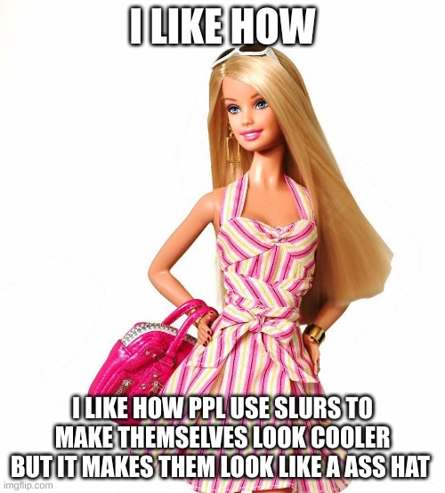Don't mind the background | I LIKE HOW; I LIKE HOW PPL USE SLURS TO MAKE THEMSELVES LOOK COOLER BUT IT MAKES THEM LOOK LIKE A ASS HAT | image tagged in barbie shopping | made w/ Imgflip meme maker