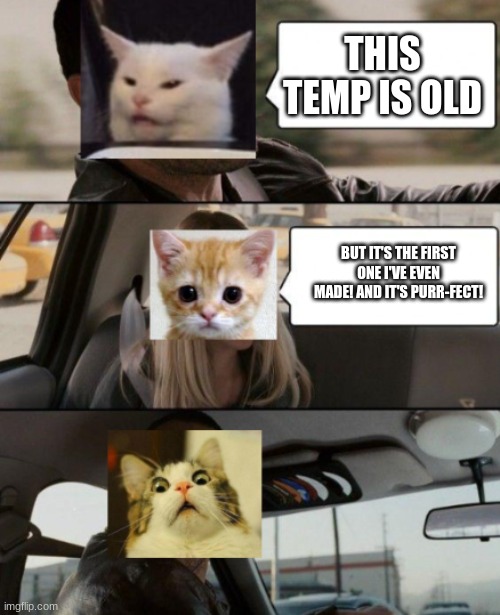 So yeah (I k n o w it's cringe shush) | THIS TEMP IS OLD; BUT IT'S THE FIRST ONE I'VE EVEN MADE! AND IT'S PURR-FECT! | image tagged in cat driving,e,lol | made w/ Imgflip meme maker