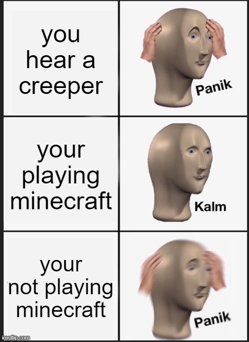 mineecraft | you hear a creeper; your playing minecraft; your not playing minecraft | image tagged in memes,panik kalm panik,bruh moment | made w/ Imgflip meme maker