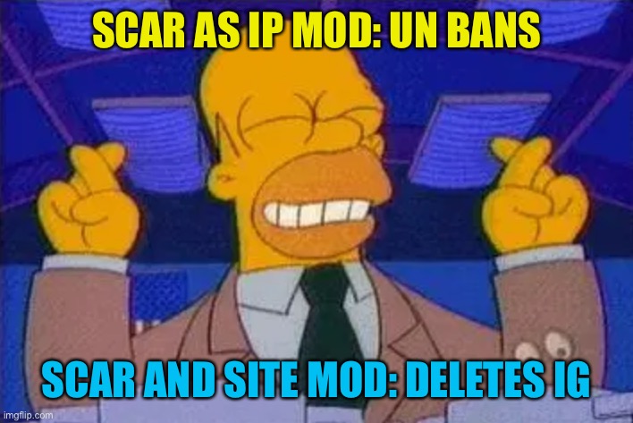 homer simpsons fingers cross | SCAR AS IP MOD: UN BANS SCAR AND SITE MOD: DELETES IG | image tagged in homer simpsons fingers cross | made w/ Imgflip meme maker