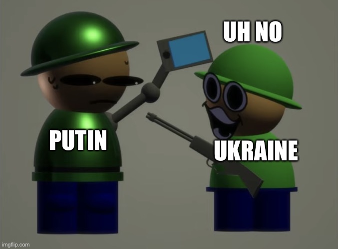 Ukraine vs Putin | UH NO; UKRAINE; PUTIN | image tagged in angry bamdu vs robo bamdu | made w/ Imgflip meme maker