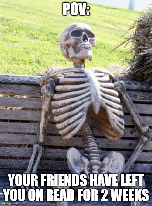 Waiting... | POV:; YOUR FRIENDS HAVE LEFT YOU ON READ FOR 2 WEEKS | image tagged in memes,waiting skeleton,still waiting,a random meme,so true meme,pov | made w/ Imgflip meme maker