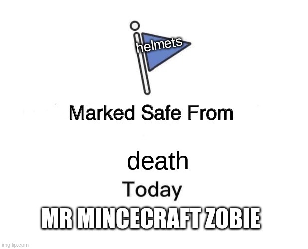 Marked Safe From | helmets; death; MR MINCECRAFT ZOMBIE | image tagged in memes,marked safe from | made w/ Imgflip meme maker