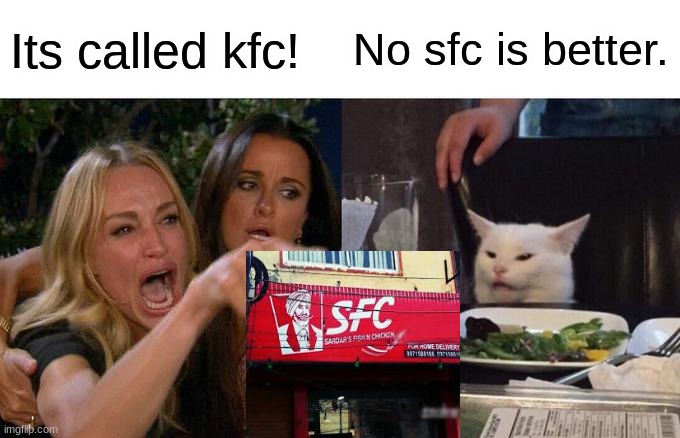 Sometimes the knockoffs have better names. | Its called kfc! No sfc is better. | image tagged in memes,woman yelling at cat | made w/ Imgflip meme maker