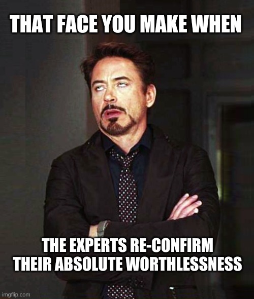 Experts Confirm. | THAT FACE YOU MAKE WHEN; THE EXPERTS RE-CONFIRM THEIR ABSOLUTE WORTHLESSNESS | image tagged in that face you make when alt-2,that face you make when,that face you make,expert,worthless | made w/ Imgflip meme maker