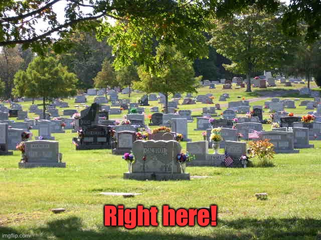 cemetery | Right here! | image tagged in cemetery | made w/ Imgflip meme maker