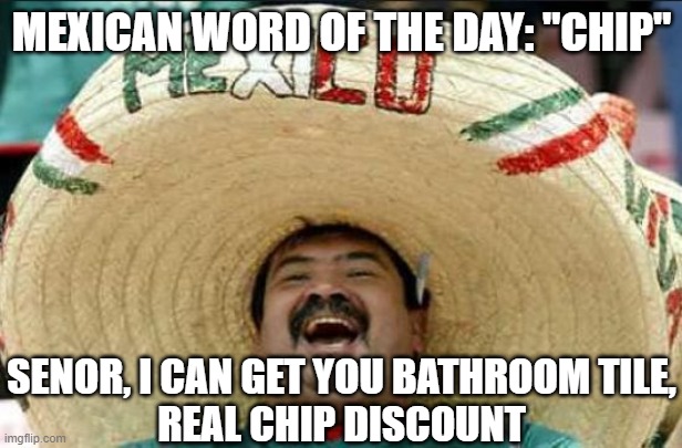 mexican word of the day | MEXICAN WORD OF THE DAY: "CHIP" SENOR, I CAN GET YOU BATHROOM TILE,
REAL CHIP DISCOUNT | image tagged in mexican word of the day | made w/ Imgflip meme maker