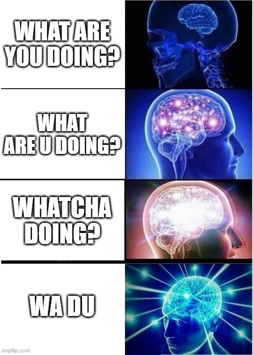 Memes Day 1 (14) | WHAT ARE YOU DOING? WHAT ARE U DOING? WHATCHA DOING? WA DU | image tagged in memes,expanding brain | made w/ Imgflip meme maker