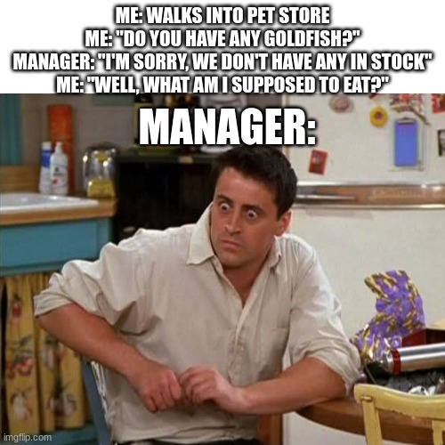 What did I say? | ME: WALKS INTO PET STORE
ME: "DO YOU HAVE ANY GOLDFISH?"
MANAGER: "I'M SORRY, WE DON'T HAVE ANY IN STOCK"
ME: "WELL, WHAT AM I SUPPOSED TO EAT?"; MANAGER: | image tagged in memes,blank transparent square,surprised joey,goldfish | made w/ Imgflip meme maker