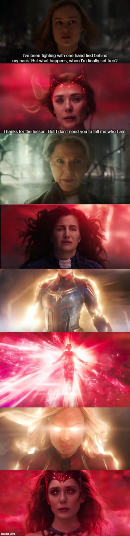 Which powerful female transformation do you think is cooler? (I think Wanda's) | image tagged in captain marvel,wanda,wandavision,marvel,mcu,comparison | made w/ Imgflip meme maker