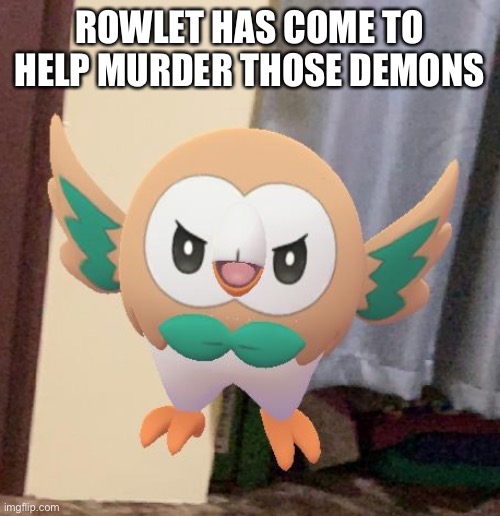 Good owl boi | ROWLET HAS COME TO HELP MURDER THOSE DEMONS | image tagged in angry rowlet | made w/ Imgflip meme maker