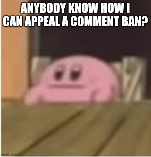 Can't comment right now. | ANYBODY KNOW HOW I CAN APPEAL A COMMENT BAN? | image tagged in kirby,appeal,comments,memes | made w/ Imgflip meme maker