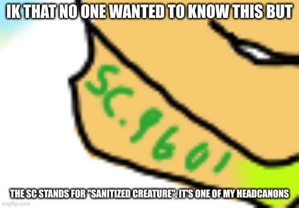 I can give a more detailed explanation in comments | IK THAT NO ONE WANTED TO KNOW THIS BUT; THE SC STANDS FOR "SANITIZED CREATURE", IT'S ONE OF MY HEADCANONS | image tagged in 401,drm oc | made w/ Imgflip meme maker
