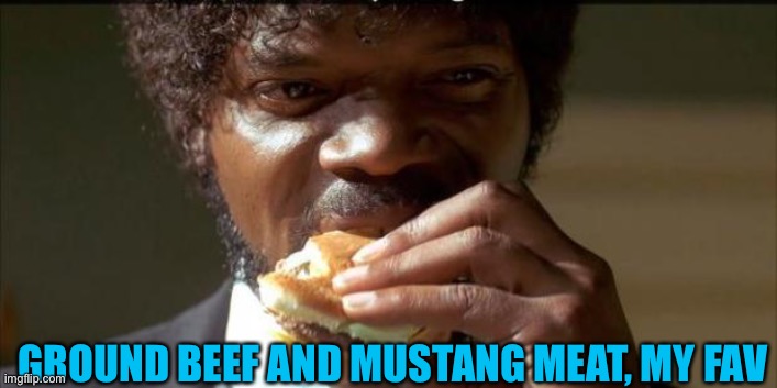 Tasty Burger | GROUND BEEF AND MUSTANG MEAT, MY FAV | image tagged in tasty burger | made w/ Imgflip meme maker