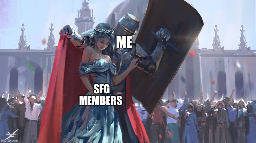 A knight in damaged armor is better then a knight in shining armor | ME; SFG MEMBERS | image tagged in knight protecting princess | made w/ Imgflip meme maker