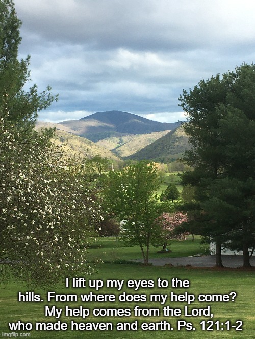 Psalm 121 |  I lift up my eyes to the hills. From where does my help come?  My help comes from the Lord, who made heaven and earth. Ps. 121:1-2 | image tagged in pslams,lent | made w/ Imgflip meme maker