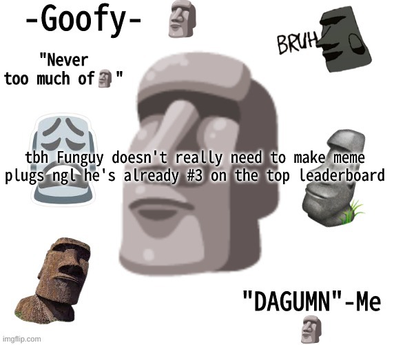 -Goofy- announcement template | tbh Funguy doesn't really need to make meme plugs ngl he's already #3 on the top leaderboard | image tagged in -goofy- announcement template | made w/ Imgflip meme maker