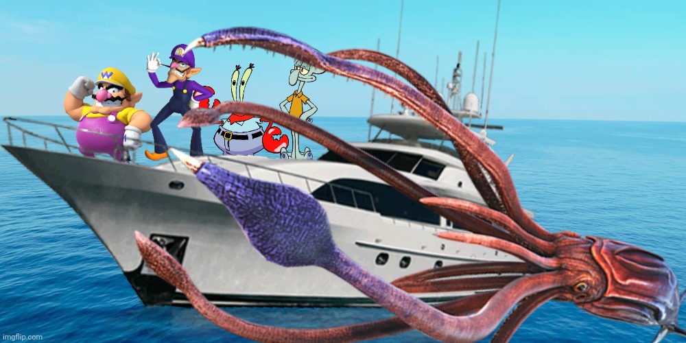 Wario and his friends goes for a boat and dies by a Tusoteuthis.mp3 | image tagged in wario dies,wario,ark survival evolved,spongebob,mr krabs,waluigi | made w/ Imgflip meme maker