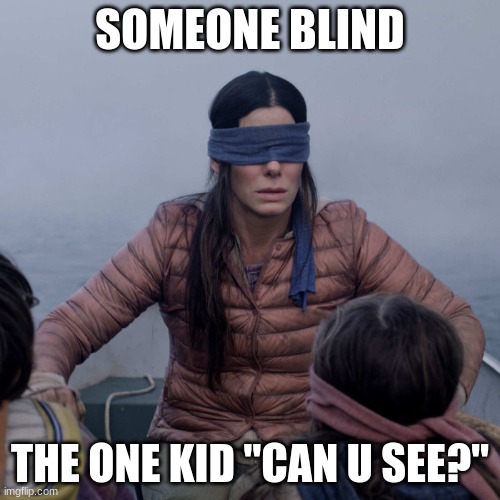 blind | SOMEONE BLIND; THE ONE KID "CAN U SEE?" | image tagged in memes,bird box | made w/ Imgflip meme maker