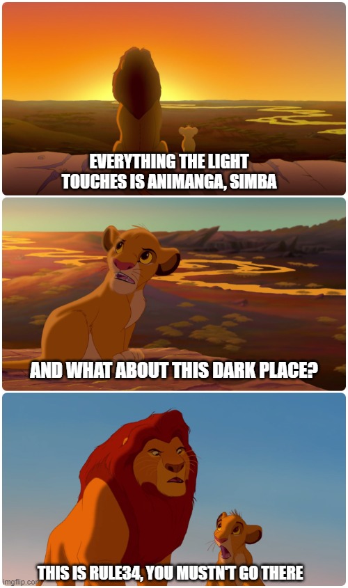Say no to Rule34 | EVERYTHING THE LIGHT TOUCHES IS ANIMANGA, SIMBA; AND WHAT ABOUT THIS DARK PLACE? THIS IS RULE34, YOU MUSTN'T GO THERE | image tagged in lion king meme,rule 34,animanga,anime,manga | made w/ Imgflip meme maker