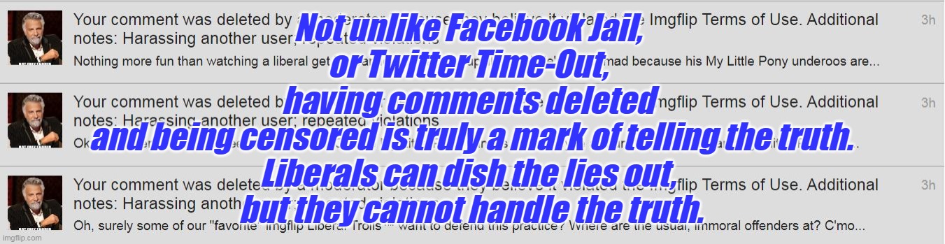 We know you know it's true when you insist on censoring us. | Not unlike Facebook Jail, 
or Twitter Time-Out, 
having comments deleted 
and being censored is truly a mark of telling the truth.
Liberals can dish the lies out, 
but they cannot handle the truth. | image tagged in liberal logic,censorship,triggered liberal,liberal hypocrisy | made w/ Imgflip meme maker