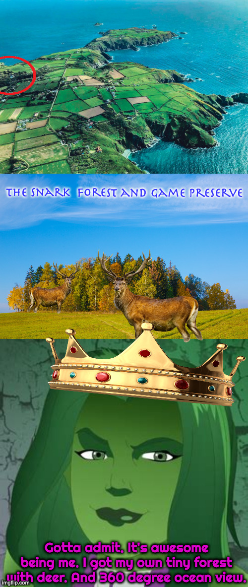Mi'Lady's Private Game and Forest Preserve | The Snark  Forest and Game Preserve; Gotta admit. It's awesome being me. I got my own tiny forest with deer. And 360 degree ocean view. | image tagged in sark island,trees,she hulk | made w/ Imgflip meme maker