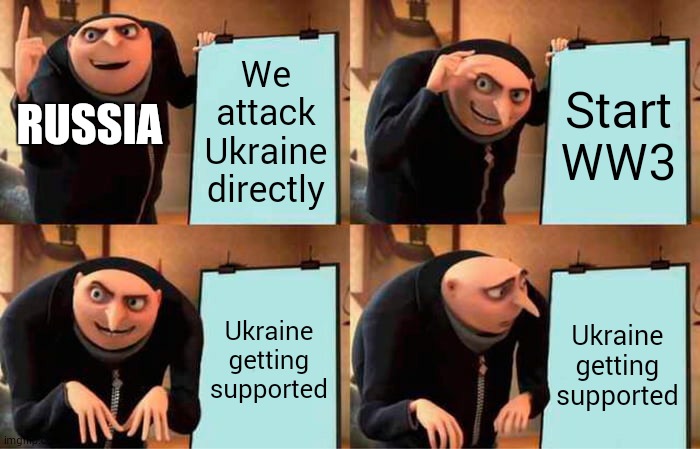 Russia vs Ukraine | We attack Ukraine directly; Start WW3; RUSSIA; Ukraine getting supported; Ukraine getting supported | image tagged in memes,gru's plan | made w/ Imgflip meme maker