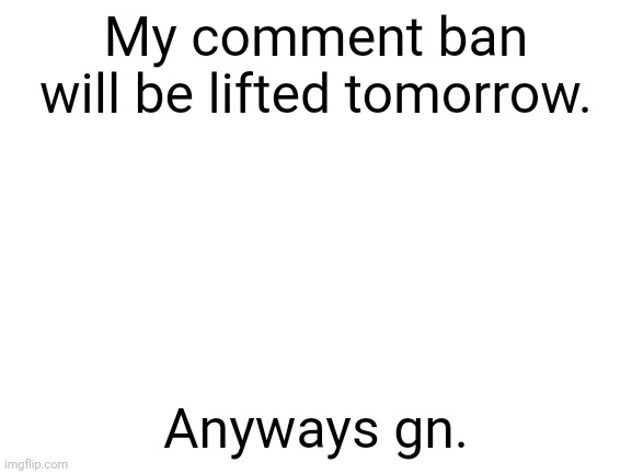 See you guys tomorrow! | My comment ban will be lifted tomorrow. Anyways gn. | image tagged in blank white template,gn,memes | made w/ Imgflip meme maker