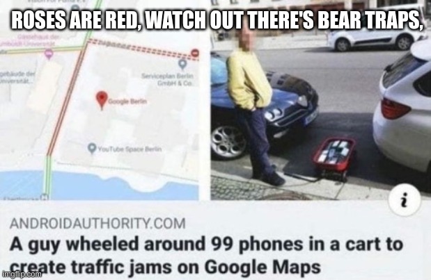 traffic lol |  ROSES ARE RED, WATCH OUT THERE'S BEAR TRAPS, | image tagged in traffic,roses are red | made w/ Imgflip meme maker