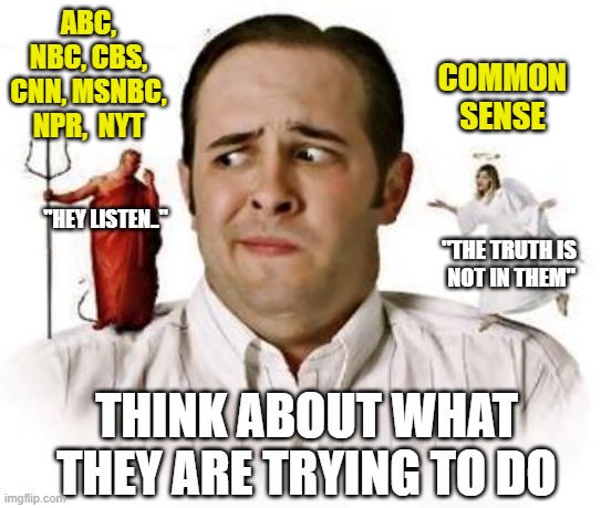 NEVER trust the Left. | ABC, NBC, CBS, CNN, MSNBC, NPR,  NYT; COMMON SENSE; "HEY LISTEN.."; "THE TRUTH IS 
NOT IN THEM"; THINK ABOUT WHAT THEY ARE TRYING TO DO | image tagged in liberal media,democrats,liberals,woke,biden,leftists | made w/ Imgflip meme maker
