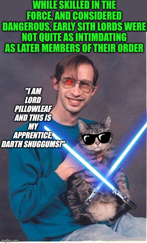 Like all things, even the Sith had issues when they first formed. | WHILE SKILLED IN THE FORCE, AND CONSIDERED DANGEROUS, EARLY SITH LORDS WERE NOT QUITE AS INTIMDATING AS LATER MEMBERS OF THEIR ORDER; "I AM LORD PILLOWLEAF AND THIS IS MY APPRENTICE, DARTH SNUGGUMS!" | image tagged in cat-nerd,sith lord,star wars | made w/ Imgflip meme maker