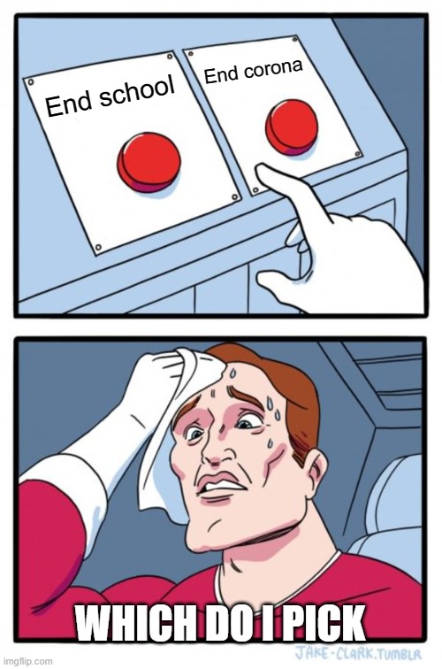 WOULD YOU END CORONA OR END SCHOOL | End corona; End school; WHICH DO I PICK | image tagged in memes,two buttons | made w/ Imgflip meme maker