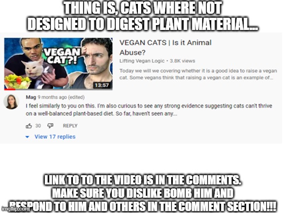 Vegans try to justify feeding cats vegan diets.... | THING IS, CATS WHERE NOT DESIGNED TO DIGEST PLANT MATERIAL... LINK TO TO THE VIDEO IS IN THE COMMENTS. MAKE SURE YOU DISLIKE BOMB HIM AND RESPOND TO HIM AND OTHERS IN THE COMMENT SECTION!!! | image tagged in cringe,lies,criminals | made w/ Imgflip meme maker