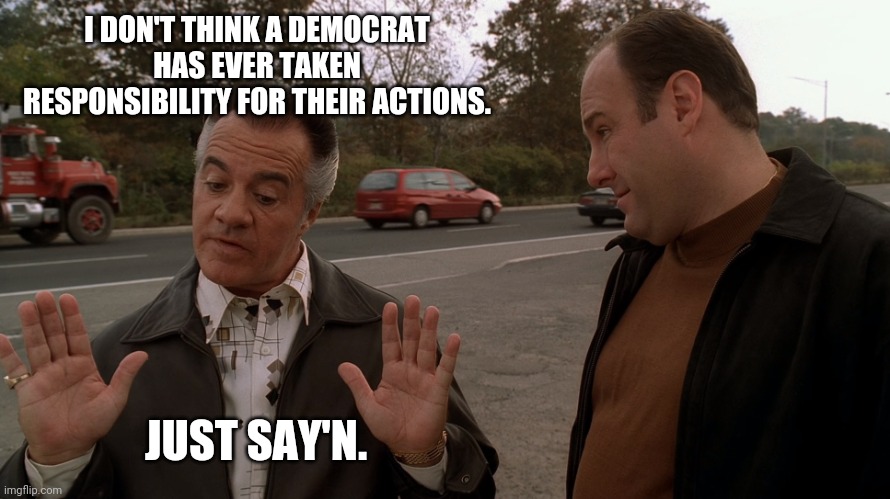 Paulie Talks with the Italian Hands to Tony Soprano | I DON'T THINK A DEMOCRAT HAS EVER TAKEN RESPONSIBILITY FOR THEIR ACTIONS. JUST SAY'N. | image tagged in paulie talks with the italian hands to tony soprano | made w/ Imgflip meme maker