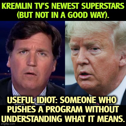 KREMLIN TV'S NEWEST SUPERSTARS
(BUT NOT IN A GOOD WAY). USEFUL IDIOT: SOMEONE WHO 
PUSHES A PROGRAM WITHOUT UNDERSTANDING WHAT IT MEANS. | image tagged in tucker carlson,donald trump,russian,stooges,propaganda,idiots | made w/ Imgflip meme maker