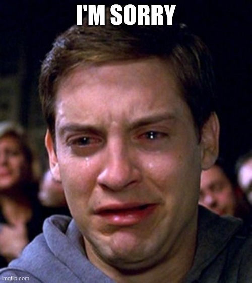 crying peter parker | I'M SORRY | image tagged in crying peter parker | made w/ Imgflip meme maker