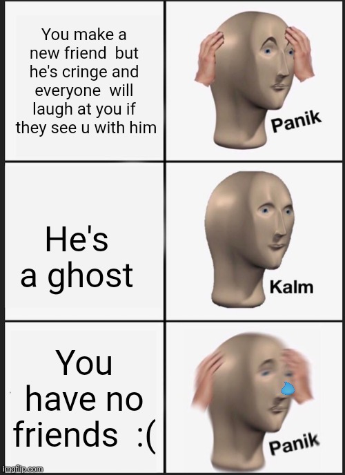 High school be like | You make a new friend  but he's cringe and everyone  will laugh at you if  they see u with him; He's a ghost; You have no friends  :( | image tagged in memes,panik kalm panik | made w/ Imgflip meme maker