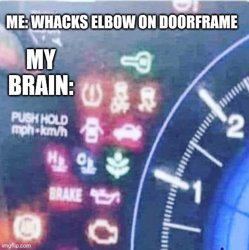 Problems | ME: WHACKS ELBOW ON DOORFRAME; MY BRAIN: | image tagged in problems | made w/ Imgflip meme maker