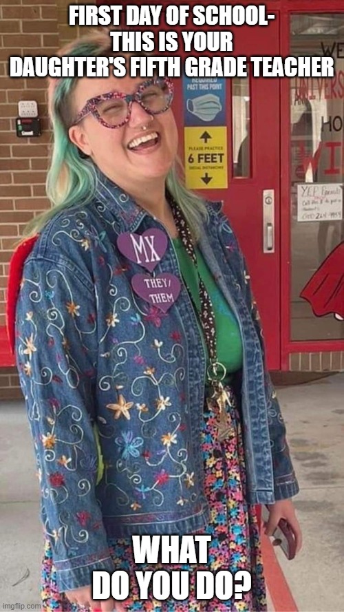 todays teachers | FIRST DAY OF SCHOOL- THIS IS YOUR DAUGHTER'S FIFTH GRADE TEACHER; WHAT DO YOU DO? | image tagged in school,government,teacher,activist | made w/ Imgflip meme maker
