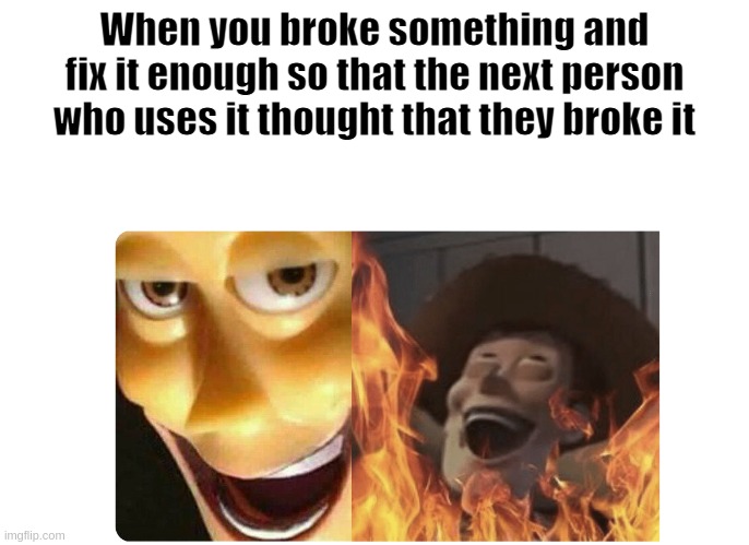 you have done this at least once |  When you broke something and fix it enough so that the next person who uses it thought that they broke it | image tagged in satanic woody,relatable | made w/ Imgflip meme maker