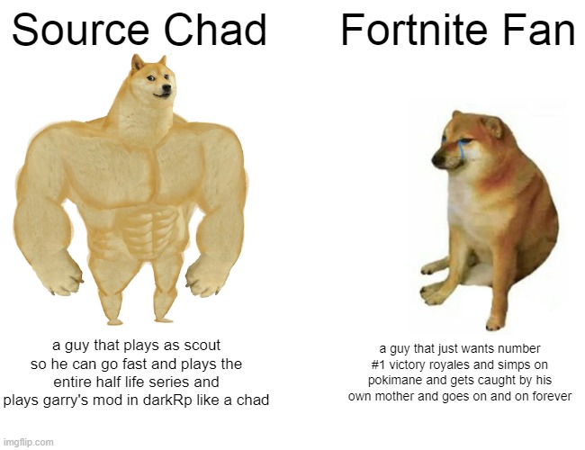 Source Chad vs Fortnite fan | Source Chad; Fortnite Fan; a guy that plays as scout so he can go fast and plays the entire half life series and plays garry's mod in darkRp like a chad; a guy that just wants number #1 victory royales and simps on pokimane and gets caught by his own mother and goes on and on forever | image tagged in memes,buff doge vs cheems | made w/ Imgflip meme maker
